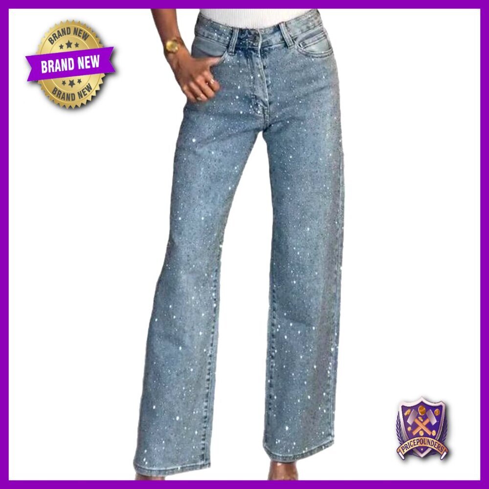 High Waisted Straight Leg Jeans with Rhinestone Pearl Embellishments